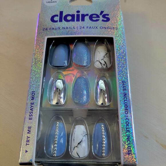 New Claire’s Vegan Glue-On Nails, 24pc Coffin Style, Periwinkle, Silver, Marble - Picture 2 of 4
